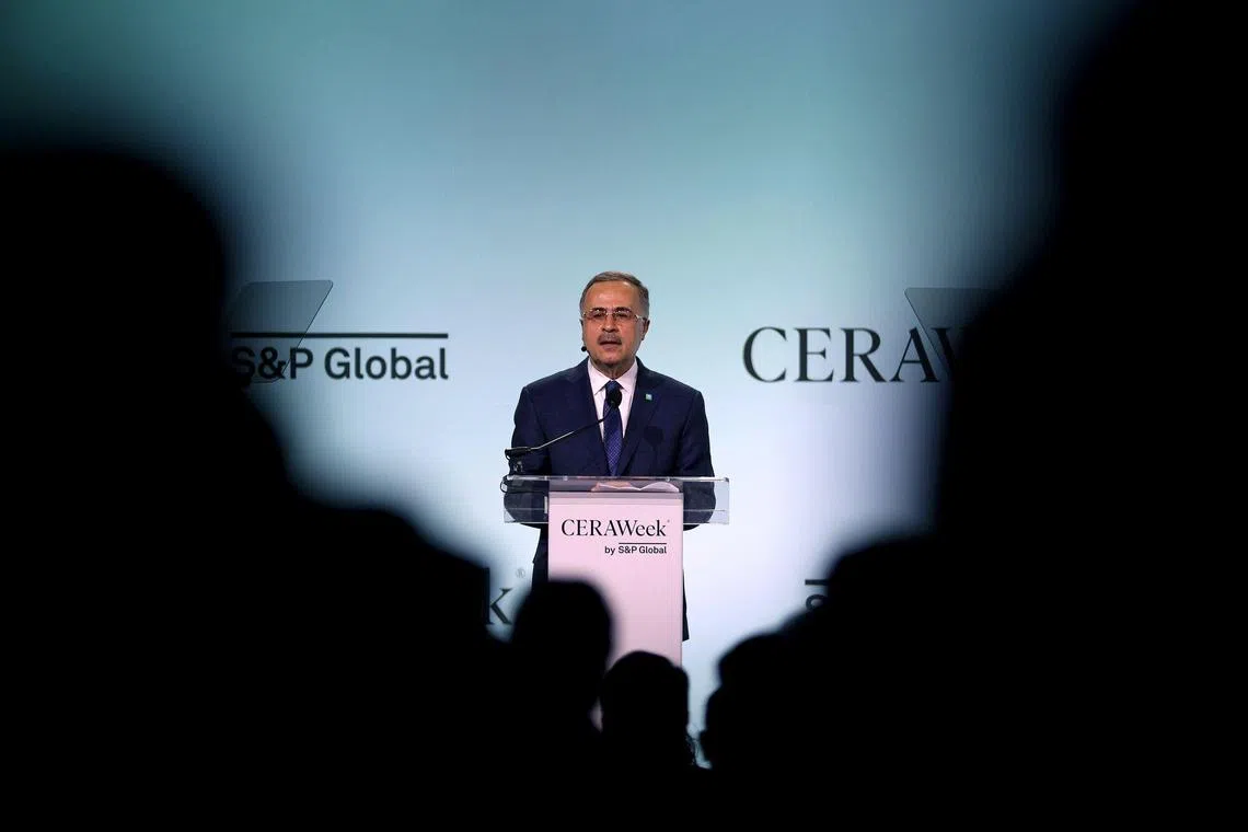 Amin Nasser, chief executive officer of Saudi Aramco, speaks during the 2024 CERAWeek by S&P Global conference in Houston, Texas, US, on Monday, March 18, 2024. More than 7,000 people are headed to Houston to attend the conference with a key question in mind: How to meet increasing demand for power amid the transition to clean energy. Photographer: Aaron M. Sprecher/Bloomberg