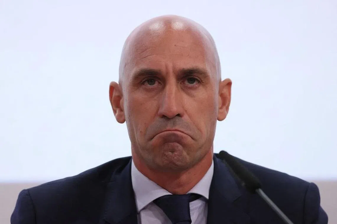 FILE PHOTO: Soccer Football - 2030 World Cup bid - Portugal, Spain and Ukraine Press Conference - UEFA headquarters, Nyon, Switzerland - October 5, 2022 Spanish football Federation president Luis Rubiales during the press conference REUTERS/Denis Balibouse/File Photo