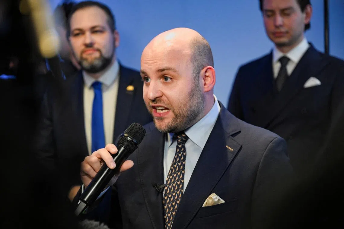 Markus Frohnmaier, top candidate of the far-right Alternative for Germany (AfD) party in Germany's Baden-Wuerttemberg state election, speaks following the first election polls, in Stuttgart, Germany, March 8, 2026. REUTERS/Jana Rodenbusch