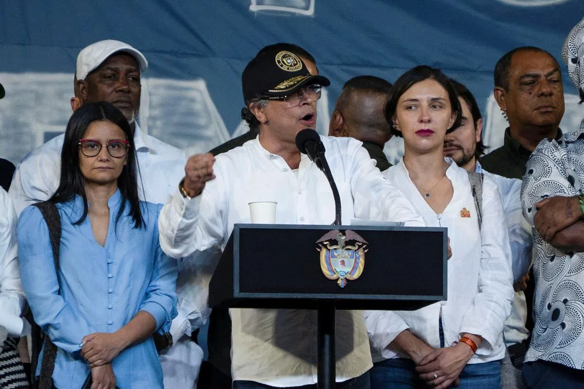 Colombia's President Gustavo Petro speaks during the rally for peace and democracy at San Francisco Square in Cali, Colombia June 11, 2025. REUTERS/Sebastian Marmolejo/File Photo