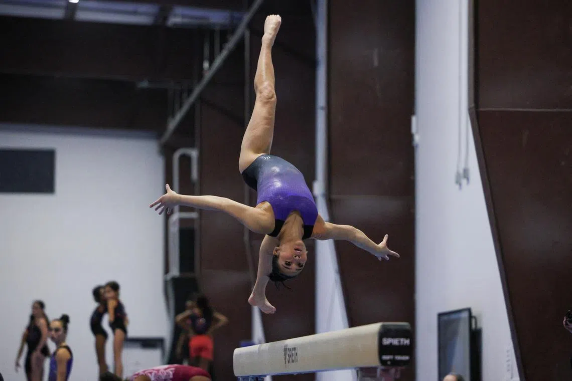 Sunisa Lee runs through her beam routine during the second day of a two-day media event with the USA Gymnastics team ahead of the 2024 Olympics in Katy, Texas, U.S. February 5, 2024.  REUTERS/Kaylee Greenlee Beal/File Photo