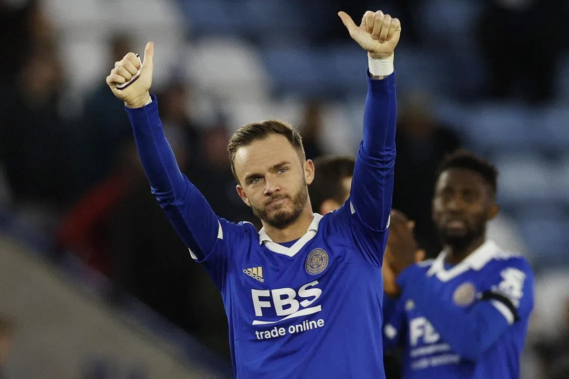 Leicester City's James Maddison celebrates after the match.