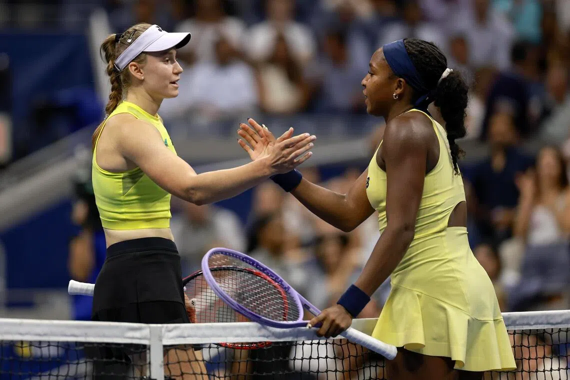 Elena Rybakina (left) shakes hands with Coco Gauff after winning their US Open semi-final clash.