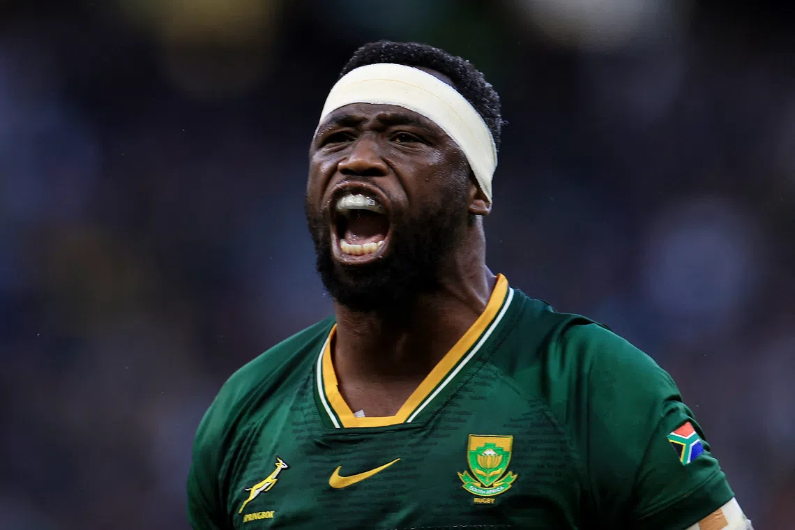 Rugby Union - New Zealand tour of South Africa - South Africa v New Zealand - Cape Town Stadium, Cape Town, South Africa - August 29, 2026 South Africa's Siya Kolisi celebrates scoring their third try REUTERS/Esa Alexander