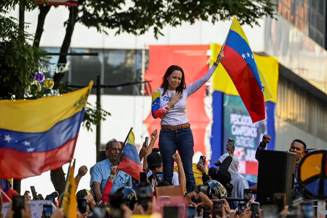 Venezuelan opposition leader Maria Corina Machado addressing supporters at a protest in Caracas, on Jan 9.