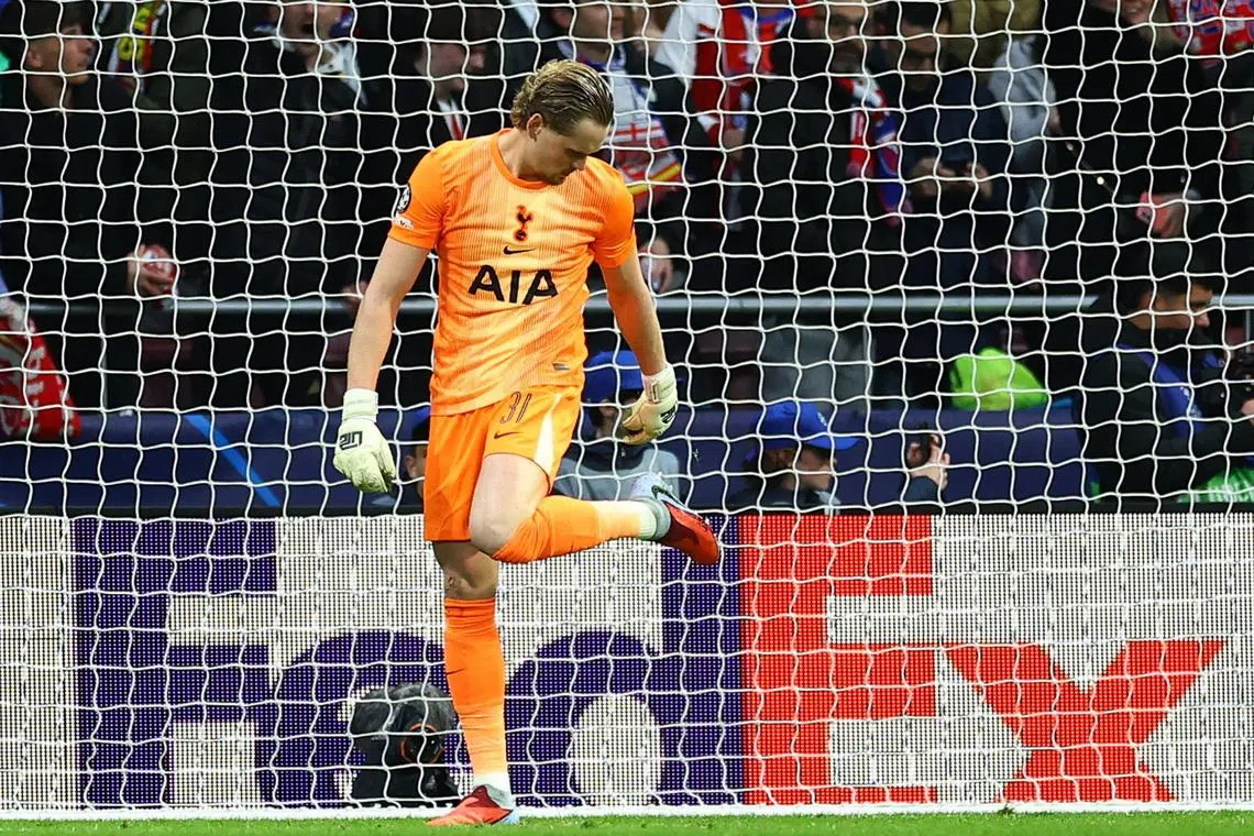 Tottenham Hotspur goalkeeper Antonin Kinsky looking dejected after Atletico Madrid's Marcos Llorente scores their first goal in the 5-2 Champions League last-16, first-leg loss to Atletico Madrid at the Metropolitano on March 10, 2026.