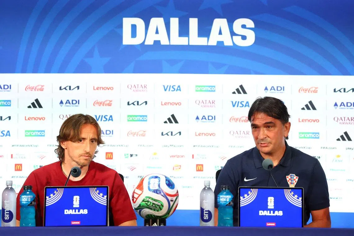 Soccer Football - FIFA World Cup 2026 - Croatia Press Conference - Dallas Stadium, Arlington, Texas, U.S. - June 16, 2026  Croatia's Luka Modric and coach Zlatko Dalic during a press conference REUTERS/Hannah Mckay