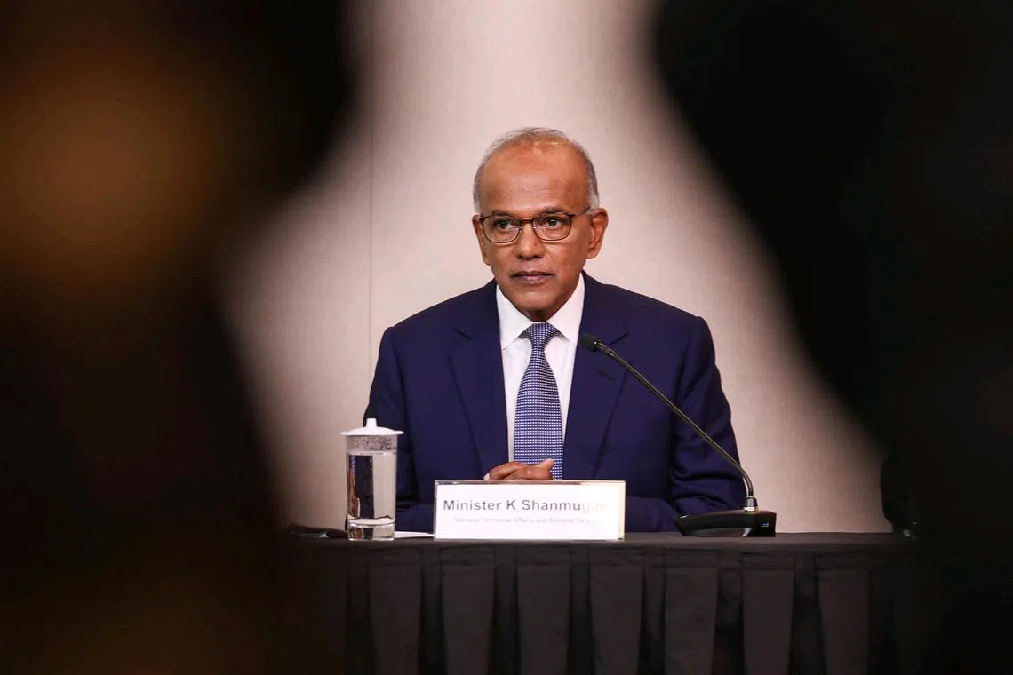 ST20250310_202576500243/dsshan10/Brian Teo/David Sun WJ/*EMBARGO UNTIL 5:00PM* Home Affairs and Law Minister K. Shanmugam address the media at the press conference on Indonesia?s extradition request for Paulus Tannos, held at the National Press Centre in the Old Hill Street Police Station on March 10, 2025. ST PHOTO: BRIAN TEO