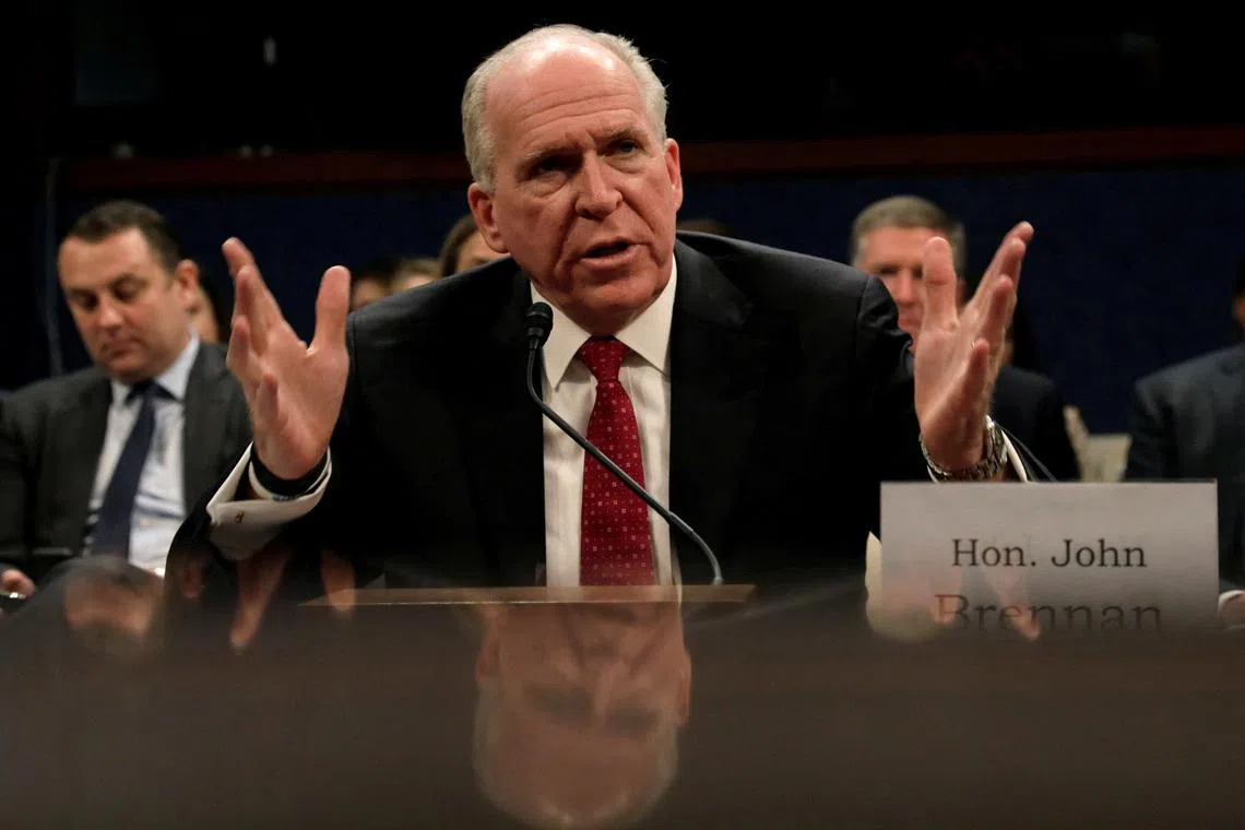 FILE PHOTO: Former CIA director John Brennan testifies before the House Intelligence Committee to take questions on “Russian active measures during the 2016 election campaign” in the U.S. Capitol in Washington, U.S., May 23, 2017.  REUTERS/Kevin Lamarque/File Photo
