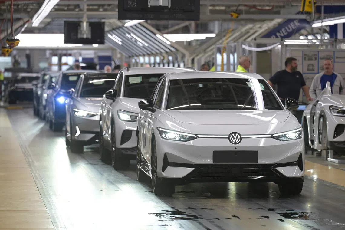 Electric cars at Volkswagen's production line in Emden, northern Germany, in February 2025.