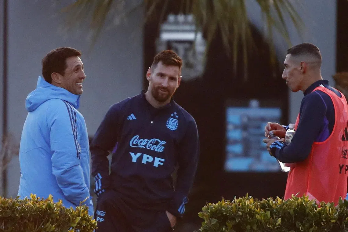 Argentina's Lionel Messi and Angel di Maria during training ahead of their World Cup 2026 qualifiers.