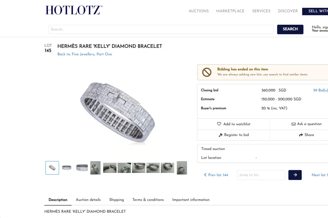 A Hermes bracelet saw a flurry of last-minute bids that resulted in a final price of $360,000.