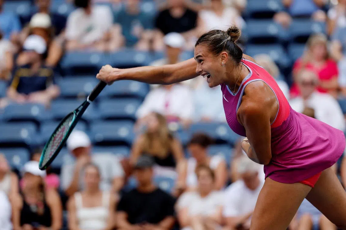 Tennis - U.S. Open - Flushing Meadows, New York, United States - August 28, 2024 Belarus' Aryna Sabalenka in action during her second round match against Italy's Lucia Bronzetti REUTERS/Eduardo Munoz