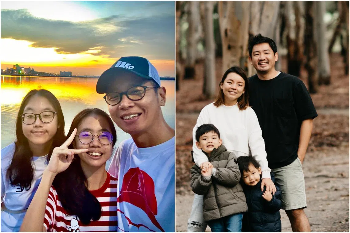 Mr Isaiah Kuan (left) with his daughters Jayne and Joey, and Mr Ian Tan with his wife and sons Josiah and Isaiah.