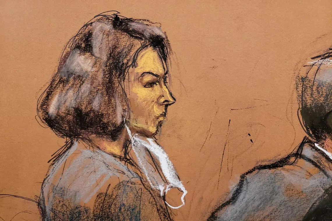 FILE PHOTO: Jeffrey Epstein associate Ghislaine Maxwell sits at the defense table as juror number 50 answers questions from Judge Alison Nathan about his answers on the juror questionaire in a courtroom sketch in New York City, U.S., March 8, 2022. REUTERS/Jane Rosenberg/File Photo