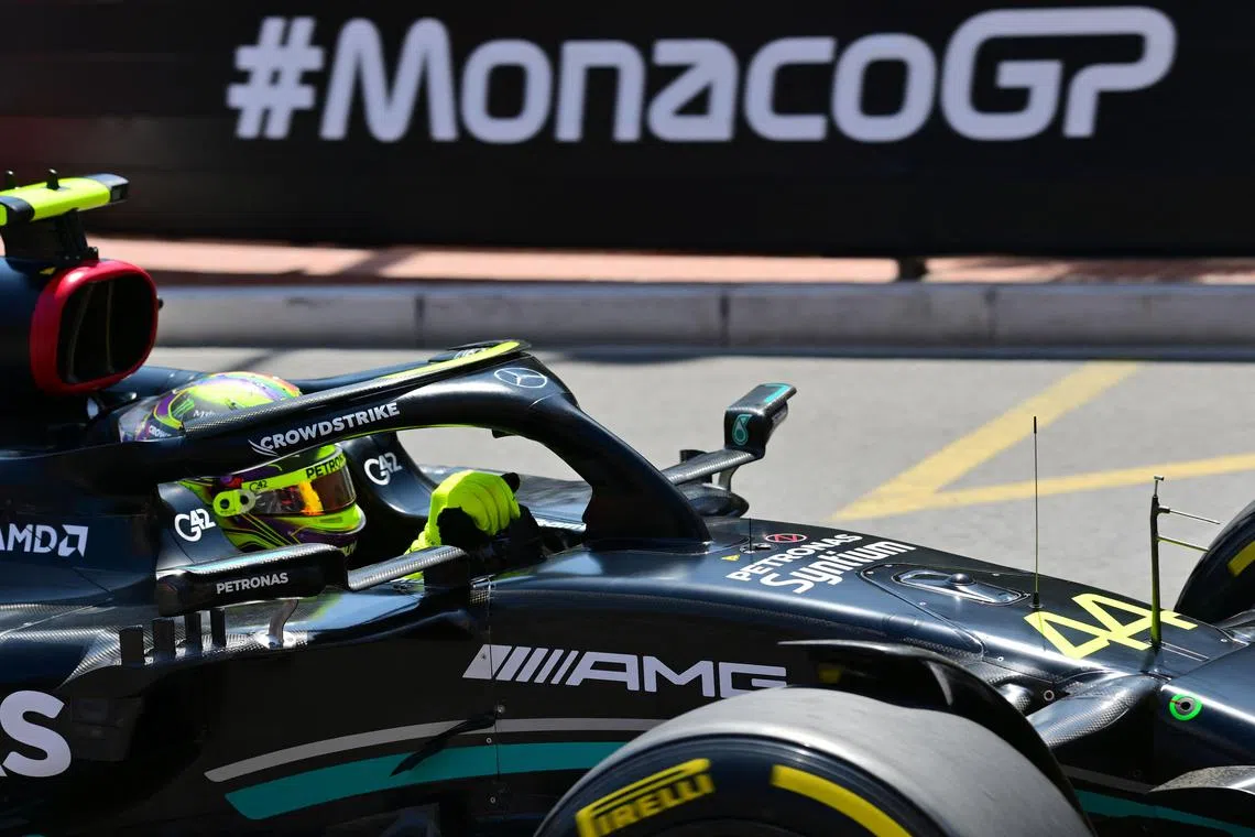 Lewis Hamilton drives during the first practice session, ahead of the Monaco grand prix.