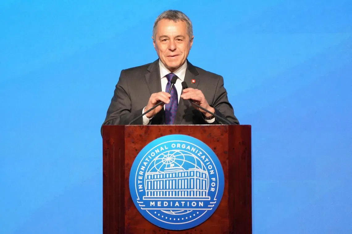 FILE PHOTO: Swiss Foreign Minister Ignazio Cassis, attends the signing ceremony of the Convention on the Establishment of The International Organization for Mediation (IOMed) in Hong Kong, China May 30, 2025. REUTERS/Bertha Wang/File Photo