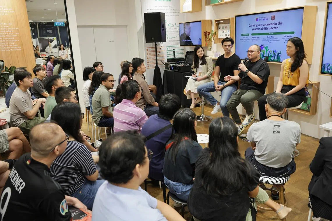 ST20240630_202498136391: Gin Tay/ bduniqlo01/ BNB Diviyadhaarshini/

(From left) Moderator, ST Business correspondent Prisca Ang; and panelists;  Mr Benjamin Swan founder and chief executive of agritech venture builder Beco Ventures; Mr Erwin Chong  group head of corporate real estate strategy and administration at DBS Bank; and Ms Tan Hui Xin, junior sustainability specialist at sustainability solutions provider ACT Group; in a panel discussion on Carving out a career in the sustainability sector, at Uniqlo outlet in Orchard Central, on June 30, 2024.