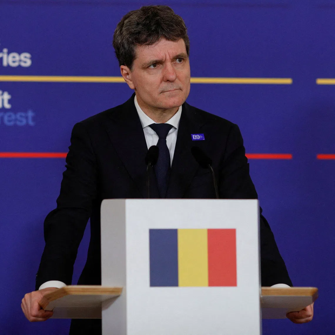 FILE PHOTO: Romanian President Nicusor Dan during a press conference at the B9 summit in Romanian capital Bucharest, May 13, 2026. Inquam Photos/Malina Norocea via REUTERS ATTENTION EDITORS - THIS IMAGE WAS PROVIDED BY A THIRD PARTY. ROMANIA OUT. NO COMMERCIAL OR EDITORIAL SALES IN ROMANIA/File Photo
