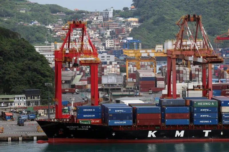 A container ship is docked at Keelung Port in Keelung, Taiwan.