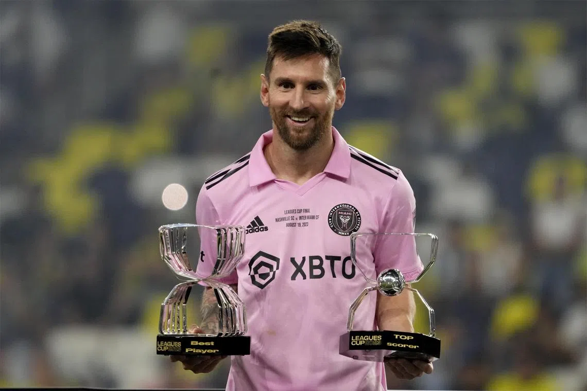 Inter Miami forward Lionel Messi holding the Best Player and Top Scorer awards after his side defeated Nashville to lift the 2023 Leagues Cup final on Saturday.