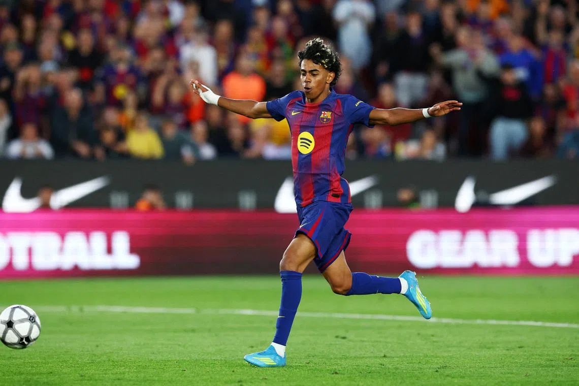 Soccer Football - LaLiga - FC Barcelona v Espanyol - Spotify Camp Nou, Barcelona, Spain - April 11, 2026 FC Barcelona's Lamine Yamal celebrates before scoring their third goal REUTERS/Albert Gea