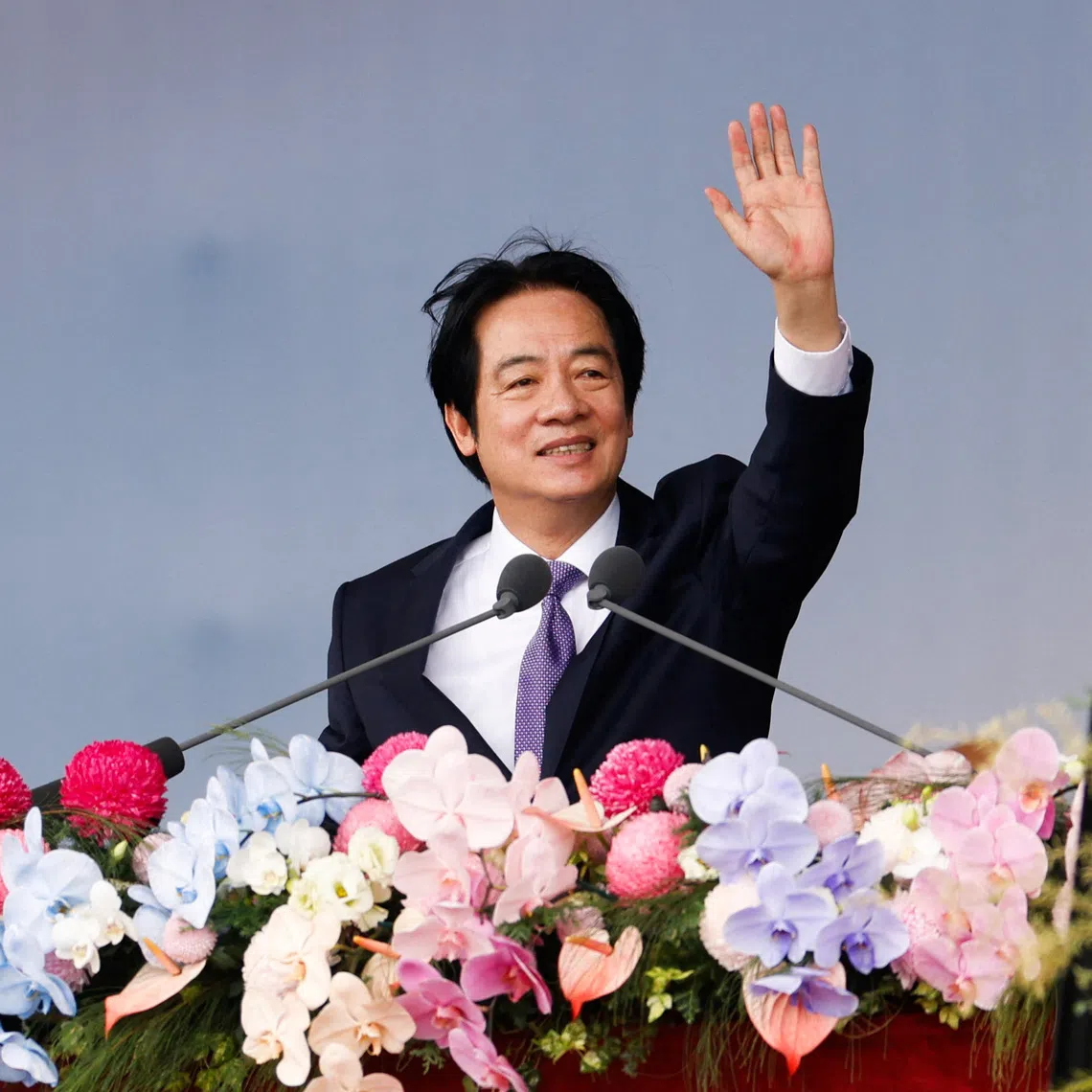 Taiwan President Lai Ching-te gestures as he delivers a speech during National Day celebrations in front of the Presidential Office in Taipei on Oct 10.