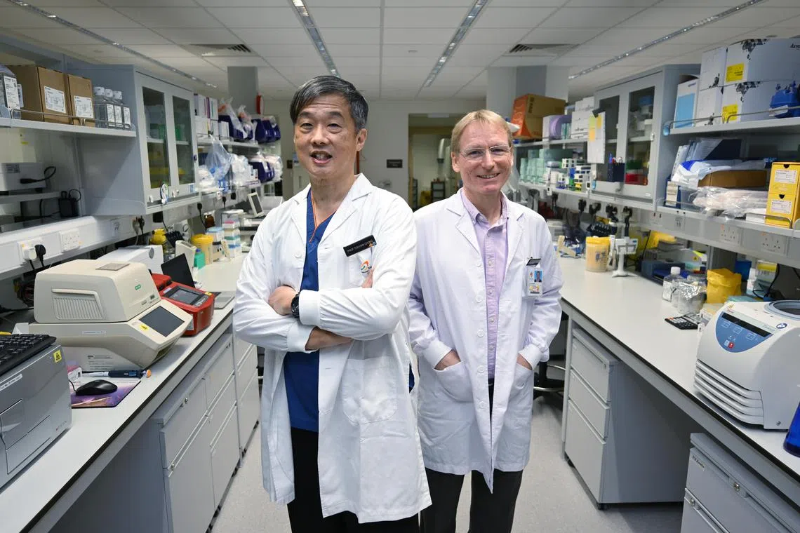 (From left) Professor Toh Han Chong, Deputy Chief Executive Officer (Strategic Partnerships) of the National Cancer Centre Singapore (NCCS) and site principal investigator of the multinational, phase III Vance trial, and Assistant Professor Jens Samol, Senior Consultant of tedical Oncology at Tan Tock Seng Hospital (TTSH), who was the principal investigator for the Vance trial at TTSH.