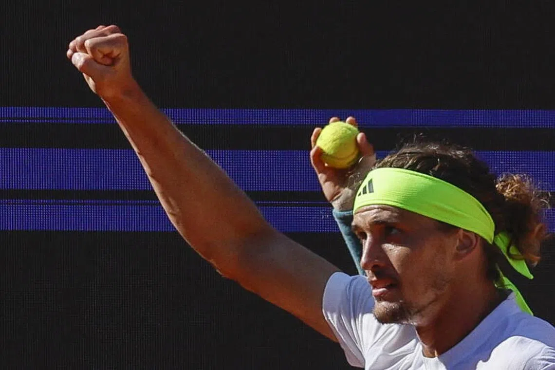 epa12091963 Alexander Zverev of Germany celebrates winning his men’s singles third round match against Vilius Gaubas of Lithuania (not pictured) at the Italian Open tennis tournament in Rome, Italy, 11 May 2025. EPA-EFE/FABIO FRUSTACI