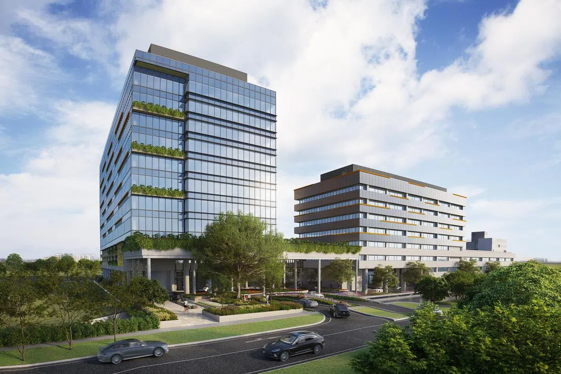 位于巴耶利峇的Paya Lebar Green将是一座能节省超过60％能源的绿色建筑，拥有约22万平方英尺的甲级办公楼面，一部分将作为策安的全球总部。（策安提供构想图）