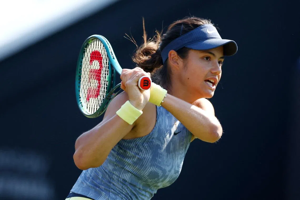 FILE PHOTO: Tennis - Eastbourne International - Devonshire Park Lawn Tennis Club, Eastbourne, Britain - June 26, 2024 Britain's Emma Raducanu in action during her women's singles second round match against Jessica Pegula of the U.S. Action Images via Reuters/Andrew Boyers/File Photo
