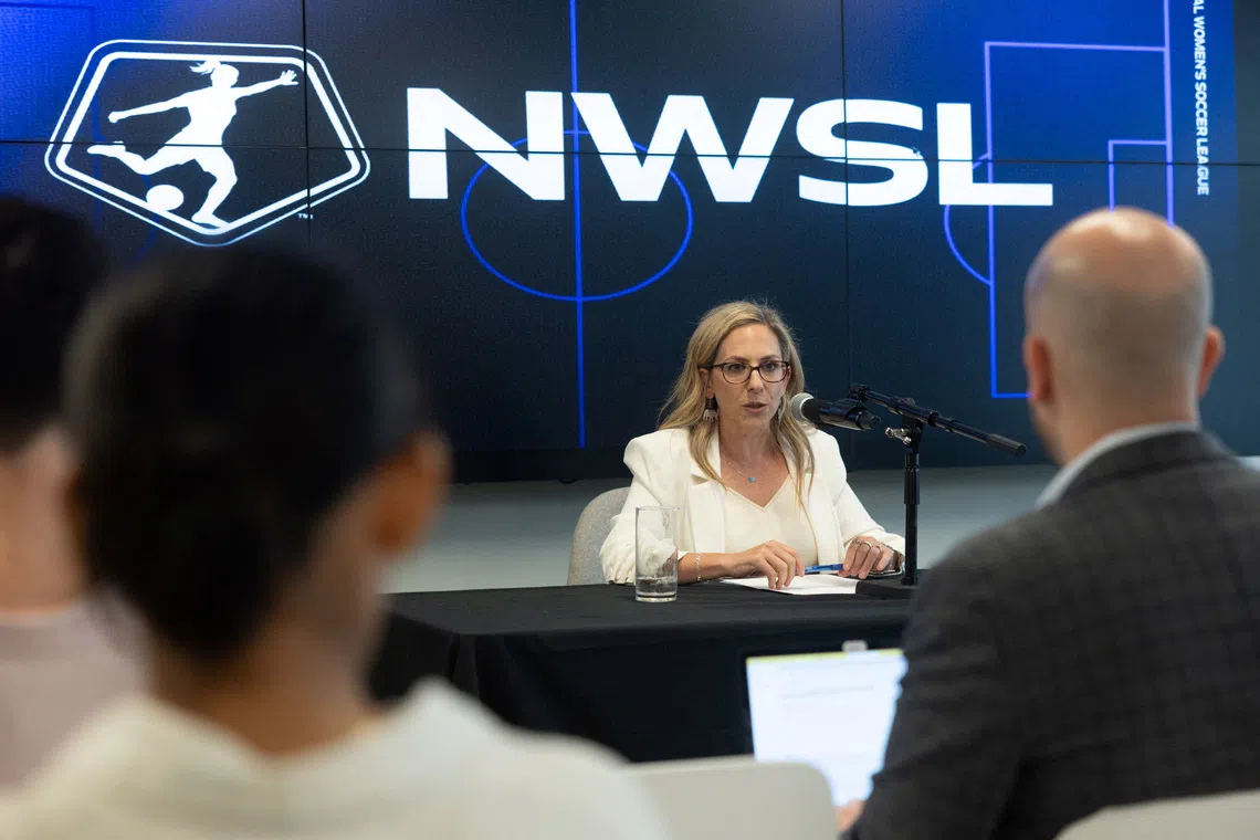 The National Women's Soccer League commissioner Jessica Berman speaks at a press conference in the NWSL headquarters in New York, U.S., August 5, 2026. REUTERS/Jordan Tovin