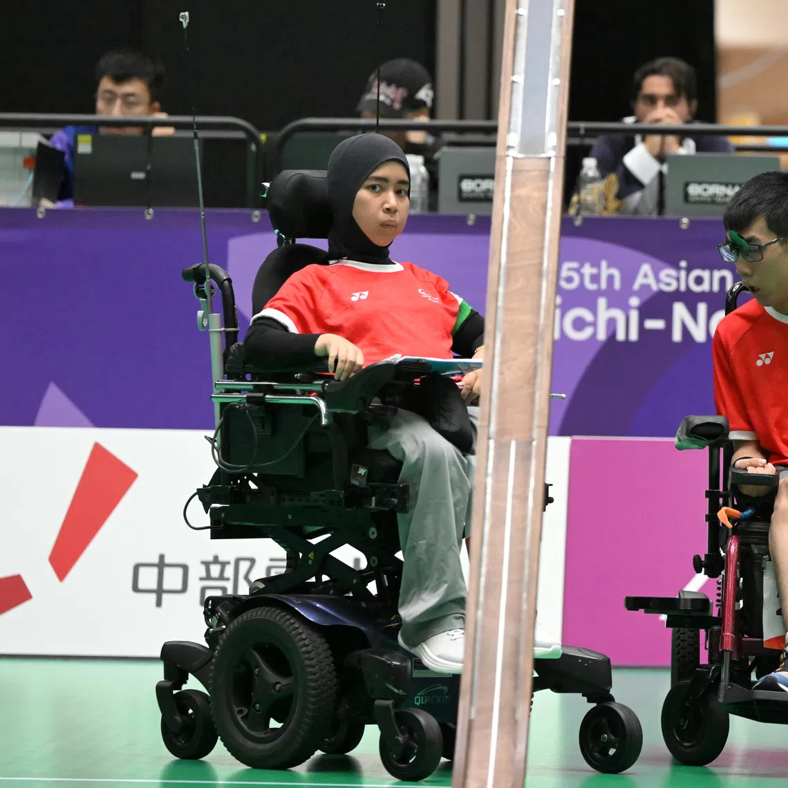 Singapore boccia athletes Aloysius Gan (right) and Nurulasyiqah Taha competing in the mixed pairs BC3 final on Oct 24.
