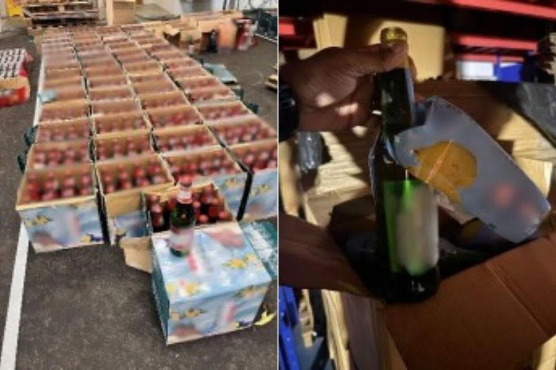 Singapore Customs found 13 pallets containing duty-unpaid beer and liquor hidden among cartons and packaging labelled as non-alcoholic drinks.