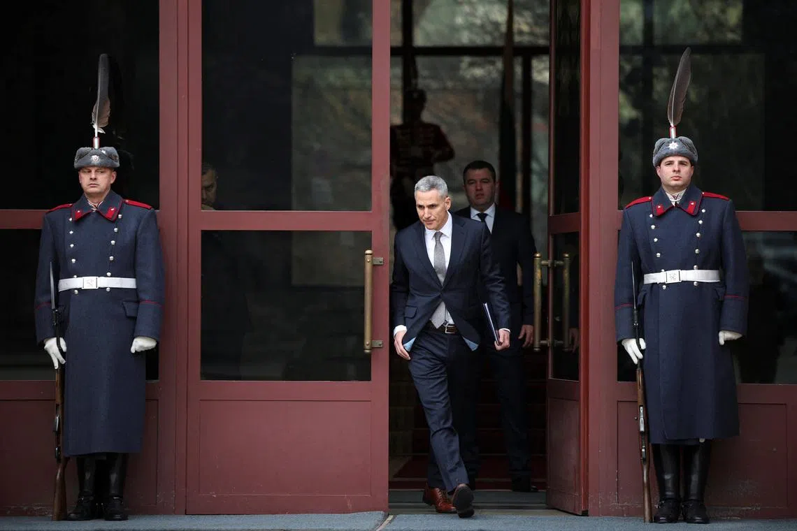 Newly appointed caretaker Prime Minister Andrey Gyurov leaves the presidential office after an official ceremony in Sofia, Bulgaria, February 12, 2026. REUTERS/Spasiyana Sergieva