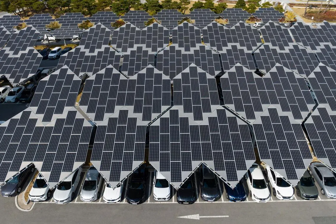 Solar panels at a parking lot at the headquarters of Korea Electric Power Corp. (Kepco) in Naju, South Jeolla Province, South Korea, on Monday, Nov. 7, 2022. Kepco is scheduled to announce its earnings figures next week. 