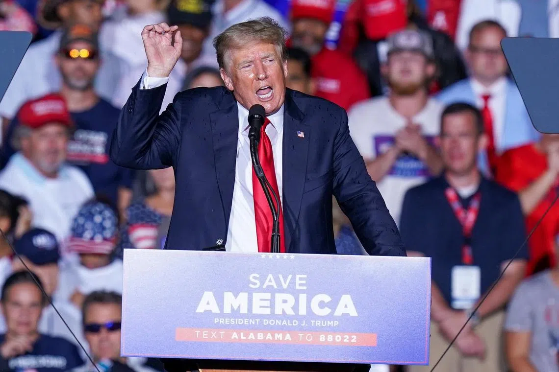 Former U.S. President Donald Trump speaks during a rally in Cullman, Alabama, U.S. on August 21, 2021.  