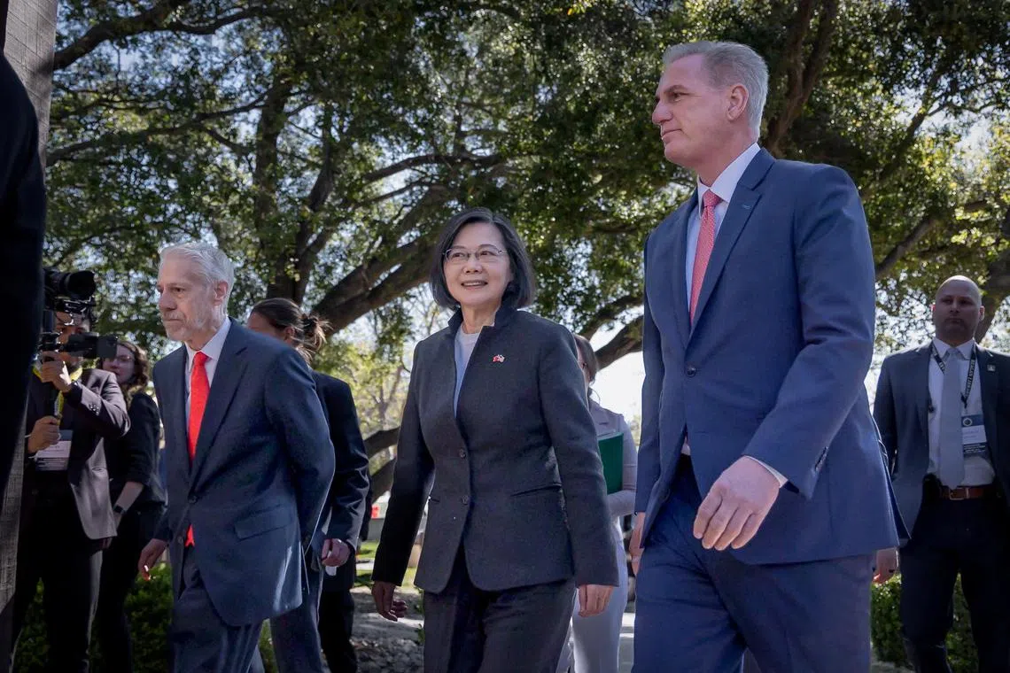 Taiwan's President Tsai Ing-wen and the U.S. Speaker of the House Kevin McCarthy walk during their meeting at the Ronald Reagan Presidential Library, in Simi Valley, California, U.S., in this handout picture released on April 6, 2023. Taiwan Presidential Office/Handout via REUTERS  ATTENTION EDITORS - THIS IMAGE WAS PROVIDED BY A THIRD PARTY. NO RESALES. NO ARCHIVES.
