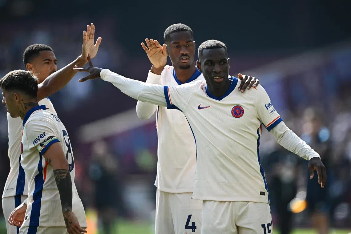 Chelsea's Nicolas Jackson celebrates scoring the first goal against West Ham United.