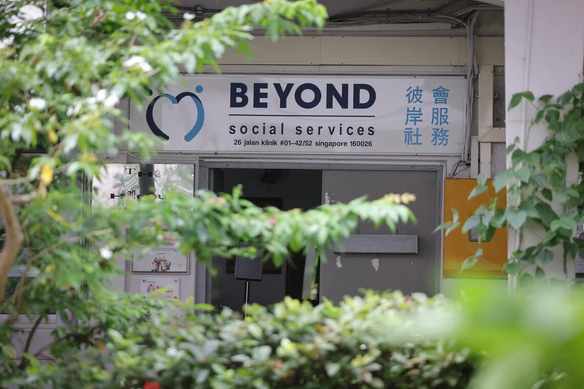 The exterior of Beyond Social Services showing its logo, at Jalan Klinik, Oct 23, 2025.