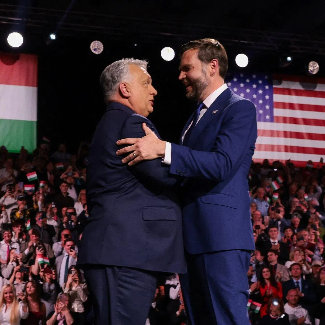 Hungarian Prime Minister Viktor Orban  (left) and US Vice-President J.D. Vance on stage during a "Day of Friendship" event in Budapest, Hungary, on April 7.