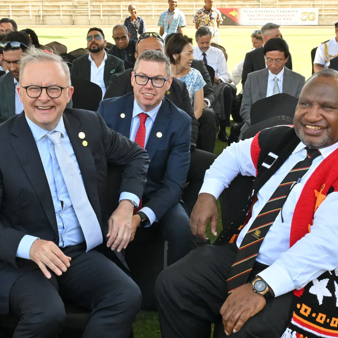 Australia’s Prime Minister Anthony Albanese (left) and Papua New Guinea’s Prime Minister James Marape (right) at a flag lowering ceremony, in Port Moresby, Papua New Guinea, on Sept 16.