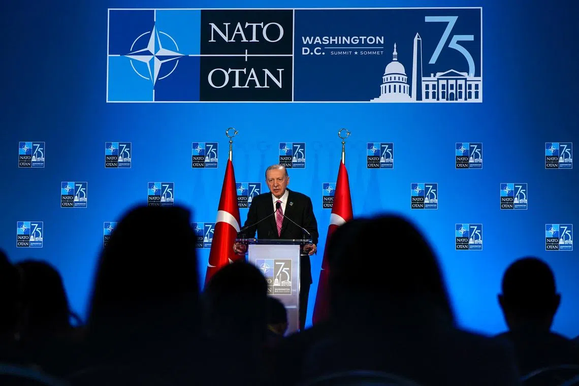 Turkey's President Tayyip Erdogan speaks during a press briefing during NATO’s 75th anniversary summit in Washington, U.S., July 11, 2024. REUTERS/Elizabeth Frantz