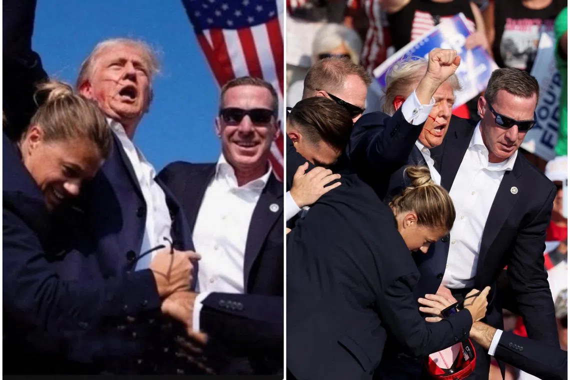 A digitally altered image (left) shows Trump’s security detail smiling as they hurry the former president off stage, but media photos (right) show the guards not smiling.