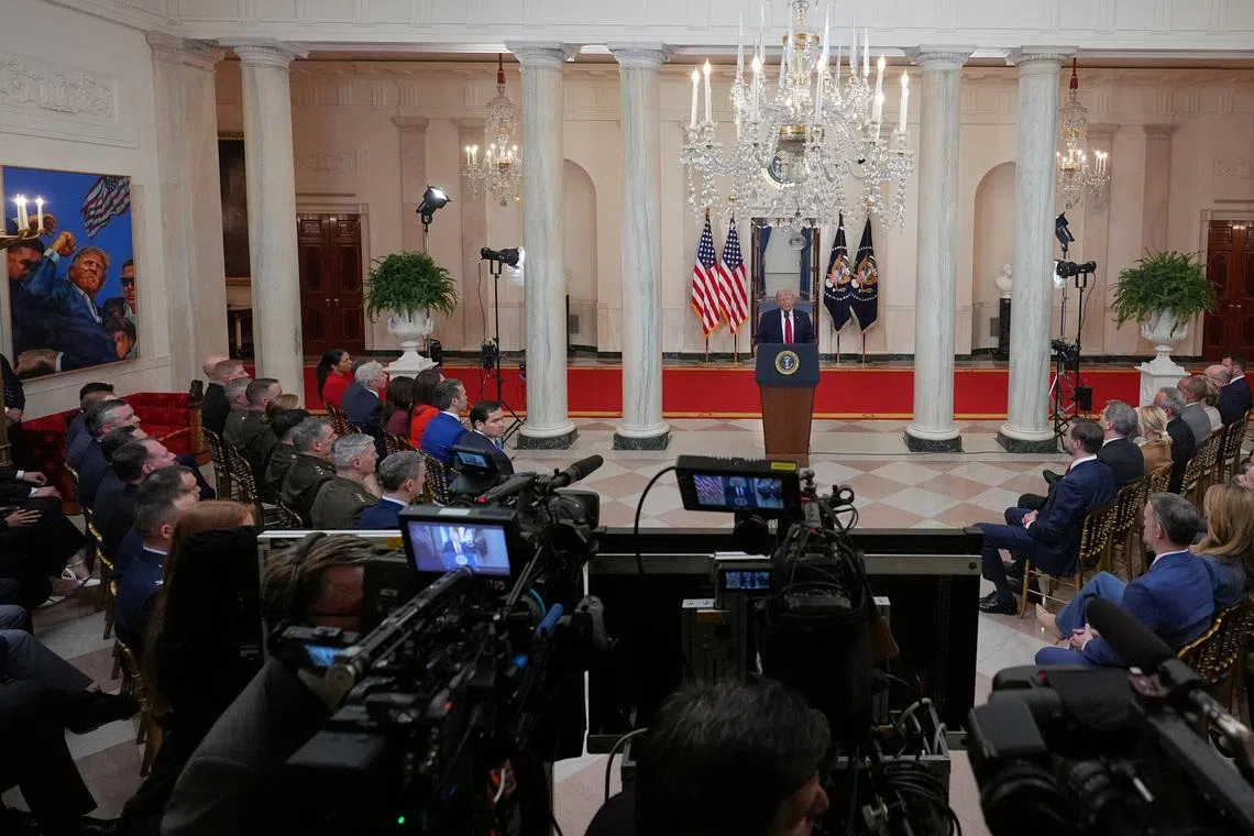 U.S. President Donald Trump delivers an address to the nation about the Iran war at the White House in Washington, D.C., U.S. April 1, 2026. Alex Brandon/Pool via REUTERS
