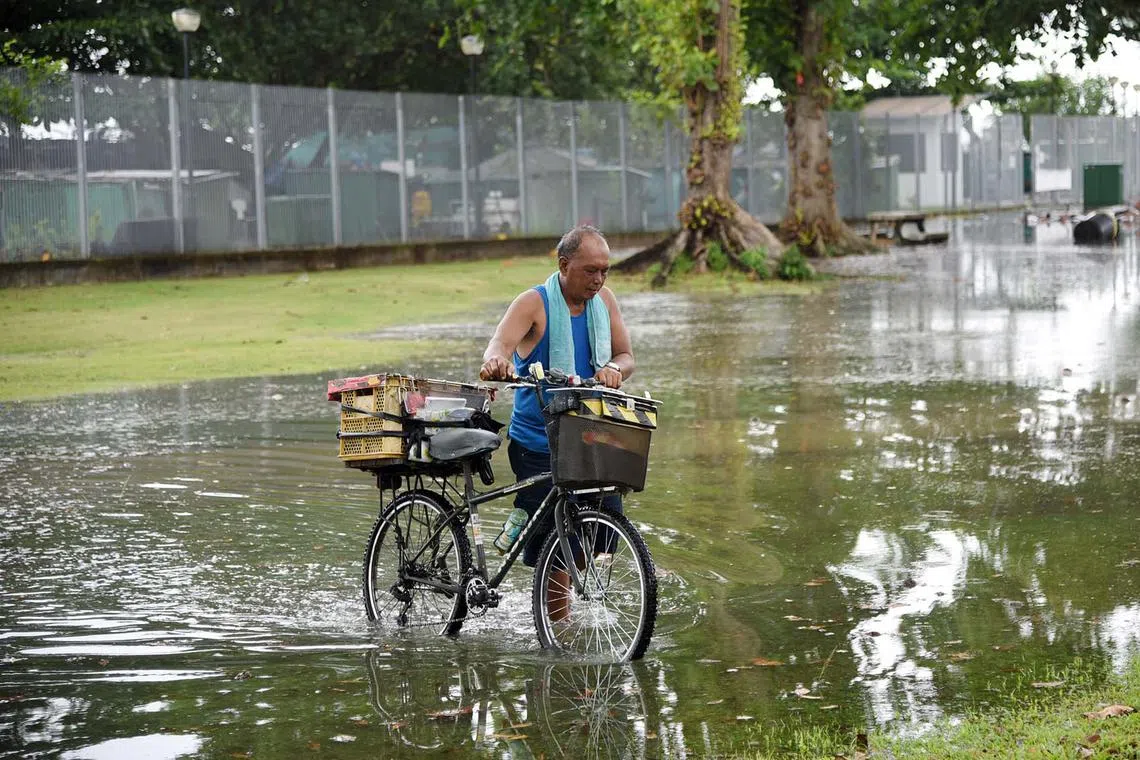 A man pushing his bicycle across a grass patch that has flooded due to a high tide of 3.4m at East Coast Park on Feb 12, 2024. 