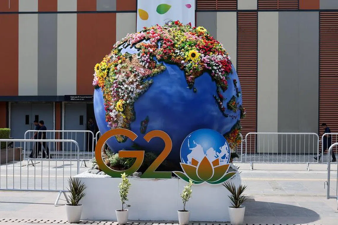 The G20 logo is shown ahead of G20 Summit, in New Delhi, India, September 8, 2023. REUTERS/Anushree Fadnavis