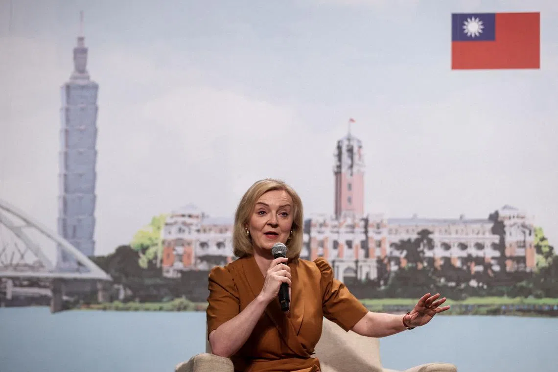 Former UK prime minister Liz Truss speaks during a press conference at the Grand Hyatt Taipei hotel as part of her five-day visit to Taiwan, in Taipei on May 17, 2023. (Photo by I-Hwa Cheng / AFP)