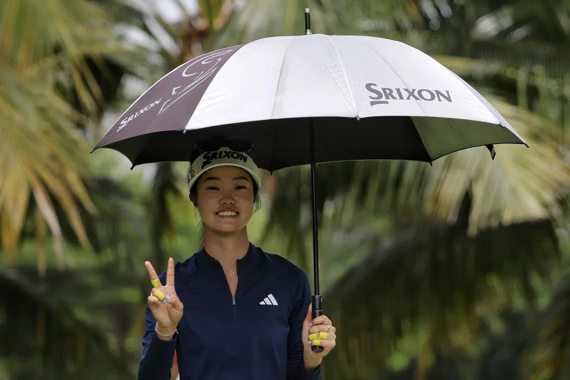 Grace Kim of Australia smiling for the camera during round 2 of HSBC Women's World Championship at Sentosa Golf Club’s Tanjong Course on March 1, 2024. ST PHOTO: KEVIN LIM eagolf01