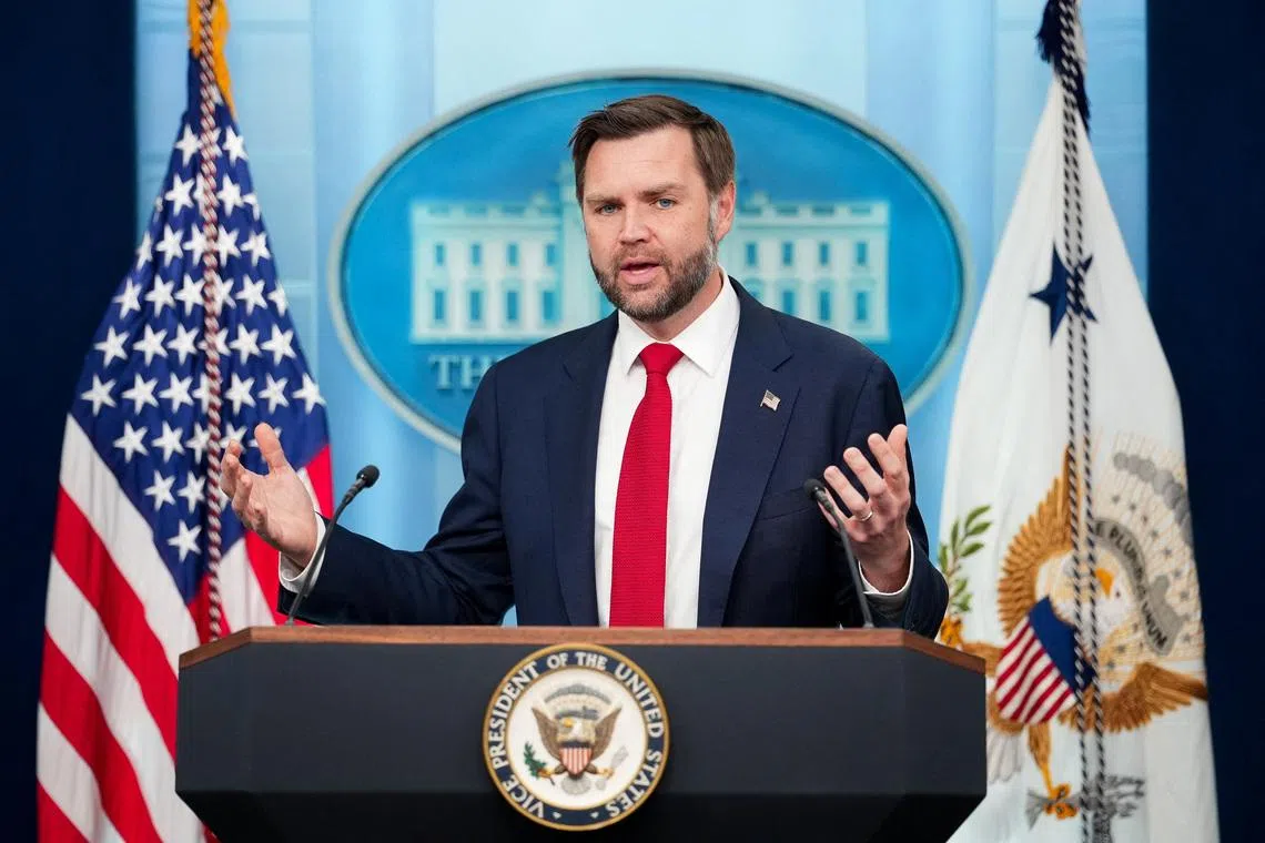 U.S. Vice President JD Vance speaks during a press briefing at the White House in Washington, D.C., U.S., June 18, 2026. REUTERS/Eric Lee